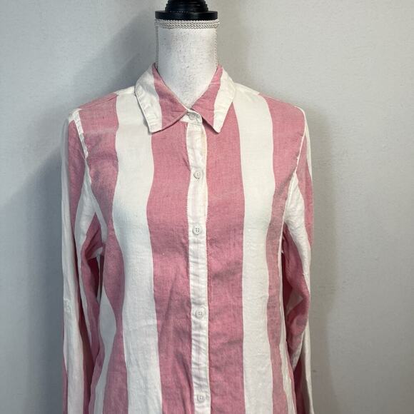 Tommy Bahama Shirt Dress sz Large Red Pink White Striped Linen Pockets Beach #S - Picture 3 of 12